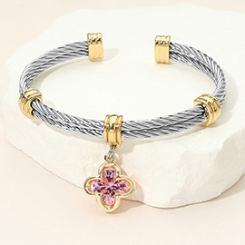 CZ Stone Quatrefoil Charm Dangle Cuff Bracelet