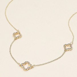 14K Gold Plated CZ Stone Paved Open Quatrefoil Charm Link Necklace