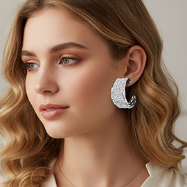 Bold Wide Rhinestone Paved Textured Metal Hoop Earrings