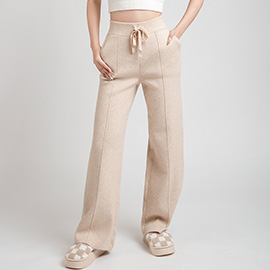 Solid Color Knit High-Rise Wide Leg Pocket Lounge Pants