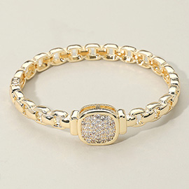 CZ Stone Paved Square Center Accent Hinged Bangle Bracelet