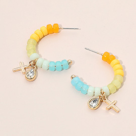 Cross Stone Cluster Charm Beaded Open Hoop Earrings