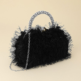 Crystal Handle Feather Embellished Clutch Crossbody Evening Bag