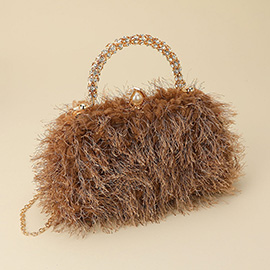 Crystal Handle Feather Embellished Clutch Crossbody Evening Bag