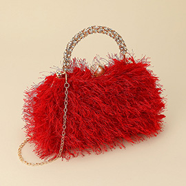 Crystal Handle Feather Embellished Clutch Crossbody Evening Bag