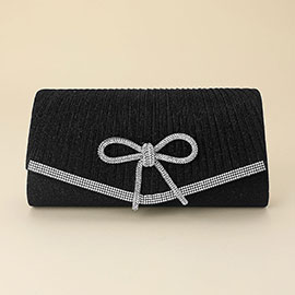 Rhinestone Studded Bow Accent Pleated Evening Crossbody Clutch Bag