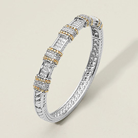 Two Tone CZ Stone Paved Elegant Geometric Hinged Bangle Bracelet