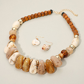 Chunky Marbled Resin Pebble Wooden Beaded Statement Necklace