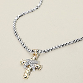 14K Gold Plated Two Tone CZ Stone Paved Cross Pendant Necklace