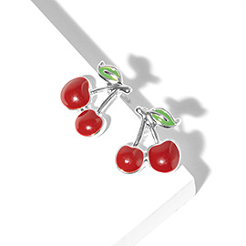 White Gold Dipped Enamel Cherry Stud Earrings