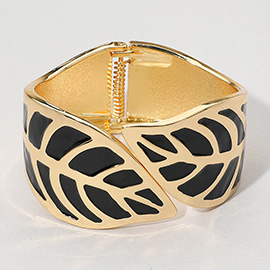 Wide Leaf Cutout Enamel Inlay Hinged Bangle Bracelet