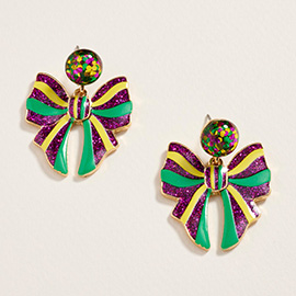 Striped Glitter Mardi Gras Bow Dangle Earrings