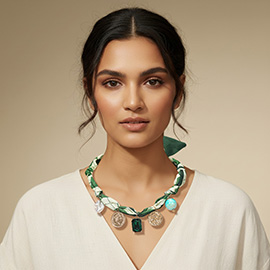 SECRET BOX_Pearl Coin Emerald Cut Stone Cluster Charm Station Fabric Scarf Necklace