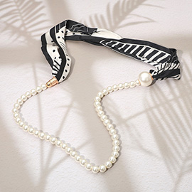 SECRET BOX_Pattern Print Fabric Scarf Pearl Magnetic Necklace