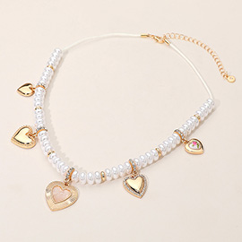 Multi Heart Charm Station Pearl Beaded Necklace
