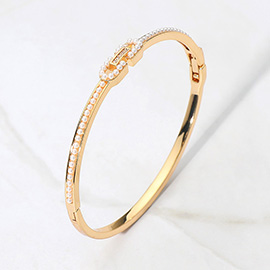 18K Gold Dipped Pearl Paved Buckle Accent Hinged Bangle Bracelet