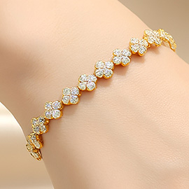 18K Gold Dipped Stone Paved Floral Link Bracelet