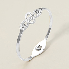 Stainless Steel CZ Stone Paved Infinity Loop Accent Hinged Bangle Bracelet