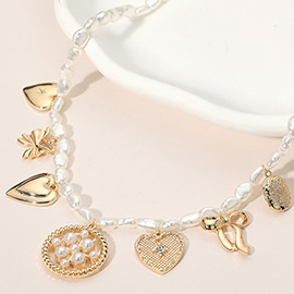 Heart Bow Pendant Station Pearl Necklace