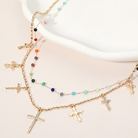 Cross Charm Station Bead Layered Necklace