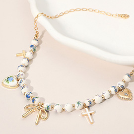 Bow Cross Heart Charm Beaded Floral Beaded Necklace