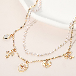 Cross Floral Heart Bow Charm Station Pearl Layered Necklace