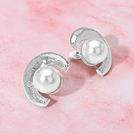 Pearl Accent Textured Curved Metal Clip On Earrings