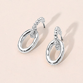 Textured Metal Beaded Hoop Oval Link Drop Earrings