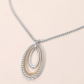 Metal Beaded Edge Layered Open Oval Pendant Necklace