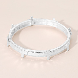 Hammered Brushed Metal Cross Accent Stretch Bracelet
