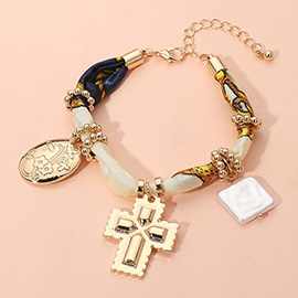 Boho Metal Cross Square Pearl Floral Oval Charm Fabric Bracelet