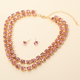 Double Row Round Stone Cluster Link Layered Necklace