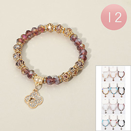12PCS - Rhinestone Paved Quatrefoil Charm Faceted Beaded Stretch Bracelets