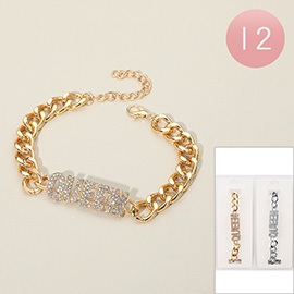 12PCS - Queen Messaged Sparkling Stone Paved Bold Chain Bracelets