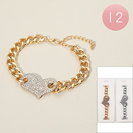 12PCS - Dazzling Stone Paved Heart Charm Bold Chain Bracelets