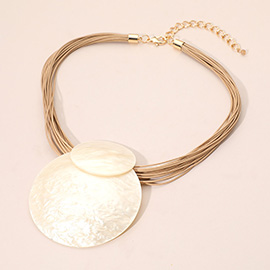 Pearl Round Plate Multi Faux Leather Cord Statement Necklace
