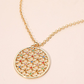 Rhinestone Accented Geometric Floral Circle Pendant Long Necklace
