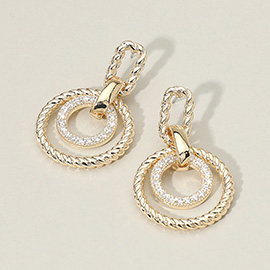 14K Gold Plated CZ Stone Paved Twisted Double Circle Drop Earrings