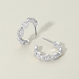 14K Gold Plated CZ Stone Paved Mariner Link Hoop Earrings
