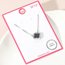 Silver Dipped Rhinestone Trim Quatrefoil Pendant Necklace