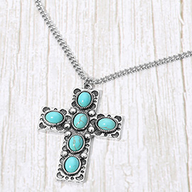 Boho Oval Stone Embellished Cross Pendant Necklace