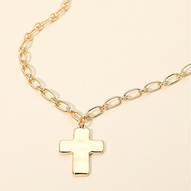 Hammered Metal Cross Pendant Paperclip Chain Necklace