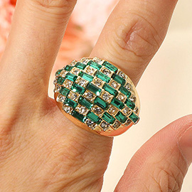 Checkered Pattern Baguette Stone Embellished Chunky Stretch Ring