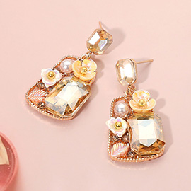 Floral Stone Pearl Leaf Accent Frame Dangle Earrings