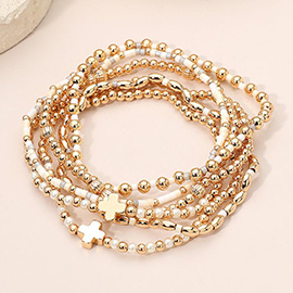 6PCS - Cross Charm Accent Seed Beaded Stretch Multi Layered Bracelets
