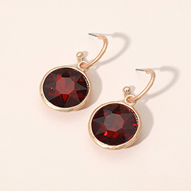 Round Stone Bezel Drop Hoop Earrings