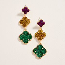 Triple Glitter Mardi Gras Quatrefoil Link Drop Earrings