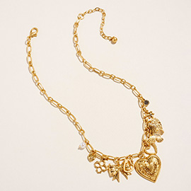 Heart Butterfly Bow Pearl Flower Charm Station Necklace