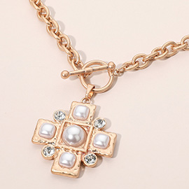Pearl Accent Stone Detail Cross Toggle Pendant Statement Necklace