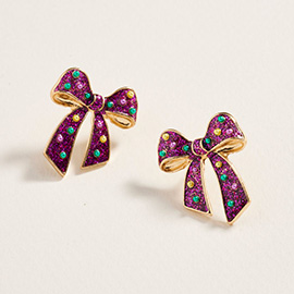 Pearl Embellished Glitter Mardi Gras Bow Stud Earrings